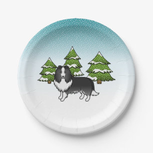 Bi-Black Shetland Sheepdog In A Winter Forest Paper Plate