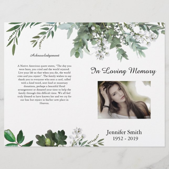 Bi-Fold Green Foliage Leaves Funeral Program Flyer (Front)