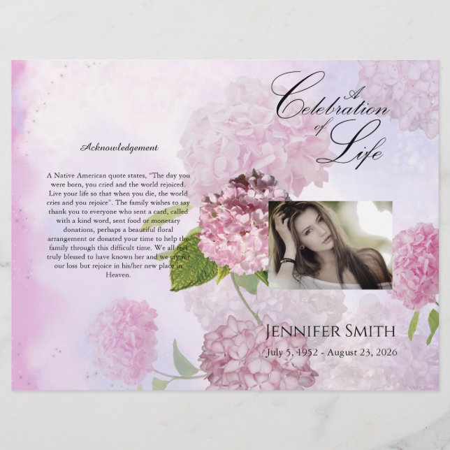 Bi-Fold Pink Hydrangeas Funeral Program Flyer (Front)