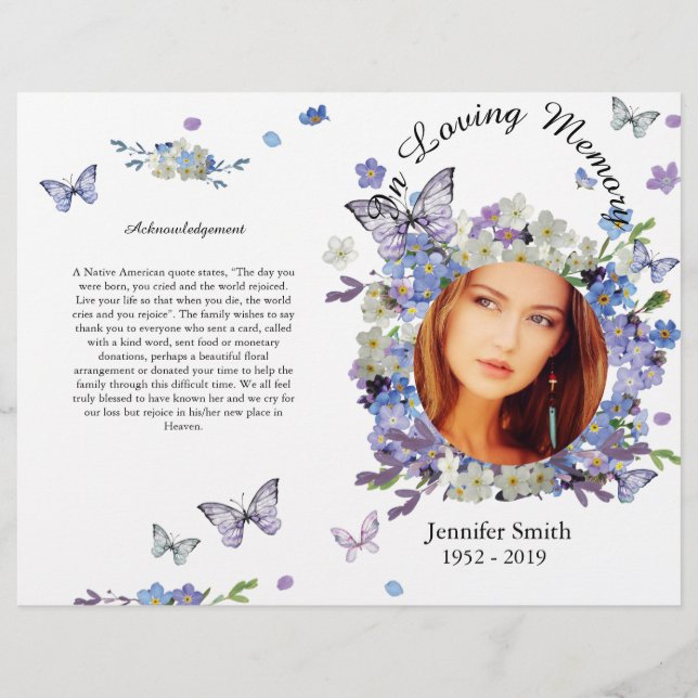 Bi-Fold Purple Forget Me Not Funeral Program Flyer (Front)