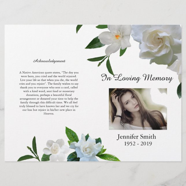 Bi-Fold White Gardenia Funeral Program Flyer (Front)