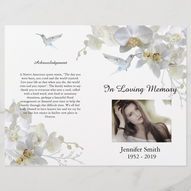 Bi-Fold White Orchids Hummingbird Funeral Program Flyer (Front)