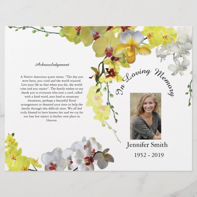 Bi-Fold Yellow Orchids Funeral Program Flyer (Front)