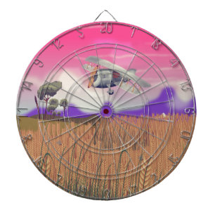 Bi-Plane Flying over crops under setting sun Dartboard
