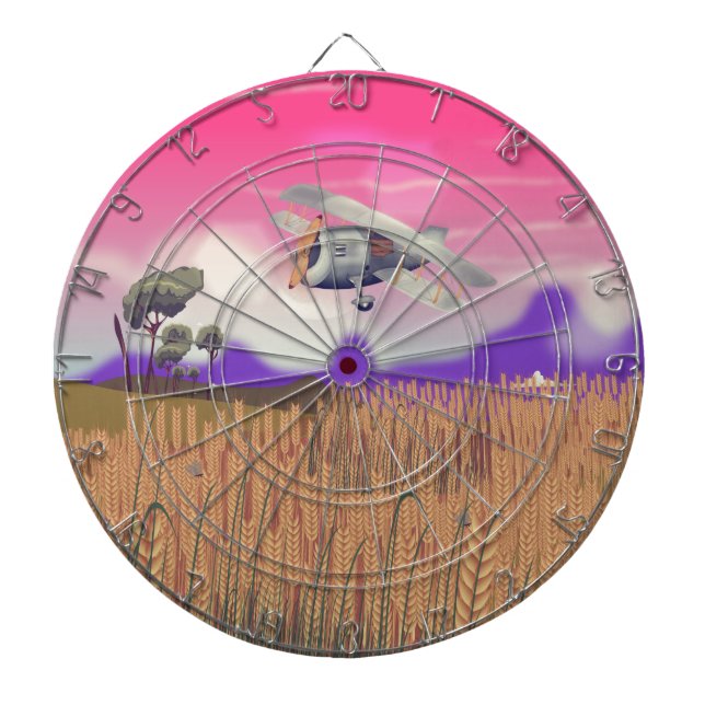 Bi-Plane Flying over crops under setting sun Dartboard (Front)