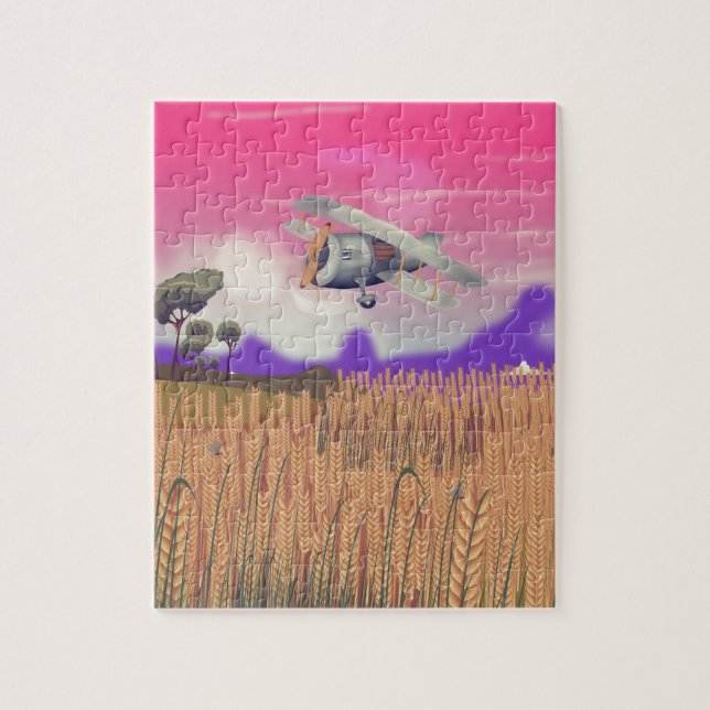 Bi-Plane Flying over crops under setting sun Jigsaw Puzzle (Vertical)
