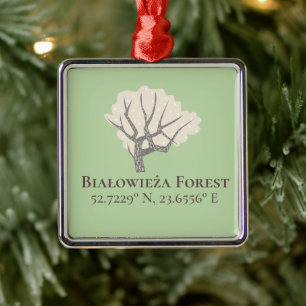 Białowieża Forest Latitude & Longitude  Metal Tree Decoration