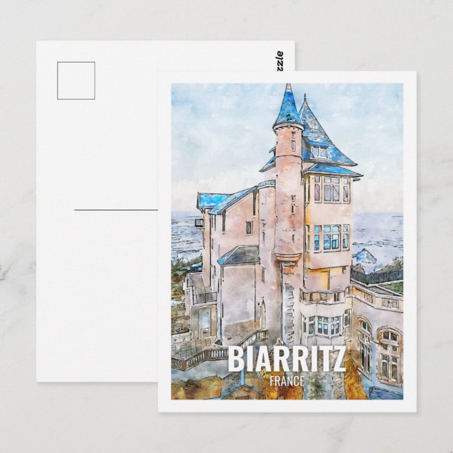 Biarritz France Famous Travel Place Watercolor Postcard (Front/Back)