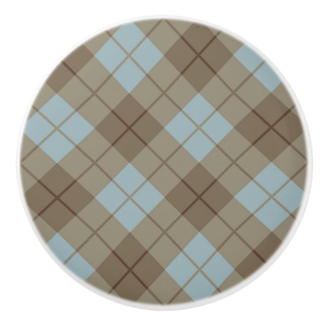 Bias Plaid in Blue and Brown Ceramic Knob (Front)