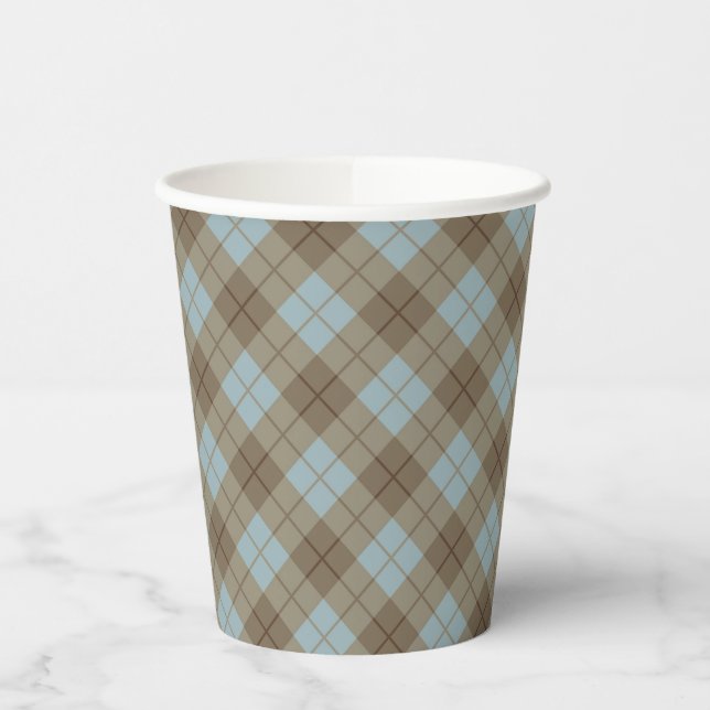 Bias Plaid in Blue and Brown Paper Cups (Left)