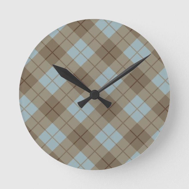 Bias Plaid in Blue and Brown Round Clock (Front)