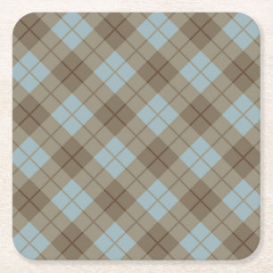 Bias Plaid in Blue and Brown Square Paper Coaster