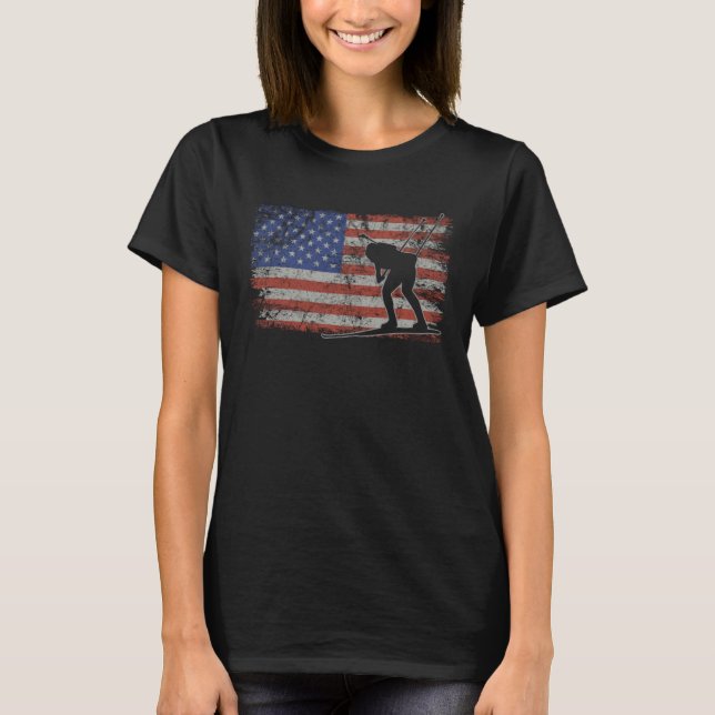 Biathlon Retro USA Flag Ski 4th of July Biathlon T-Shirt (Front)