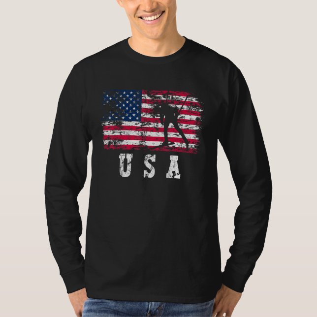 Biathlon Skiing USA American Flag Winter Sports Bi T-Shirt (Front)