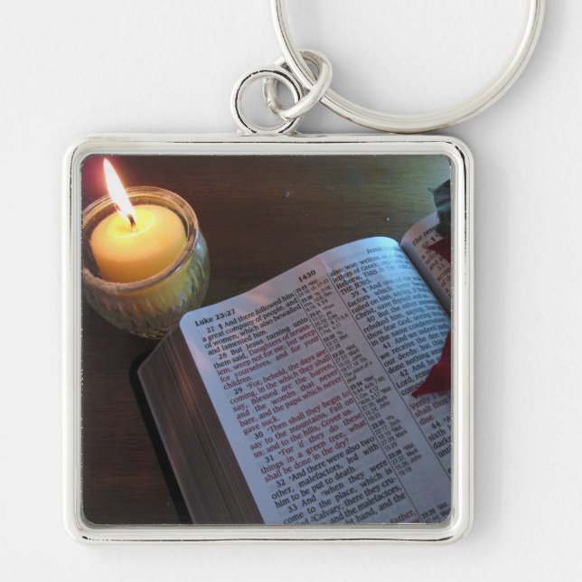 Bible and Candle Large (2.00") Premium Square Keyc Key Ring (Front)