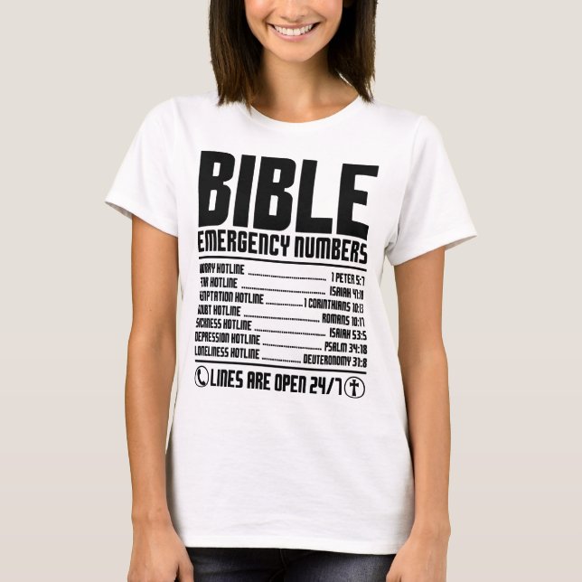 Bible Emergency Numbers Holy Hotline T-Shirt (Front)