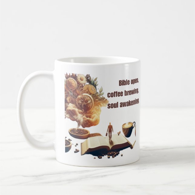 Bible open, coffee brewing, soul awakening mug (Left)