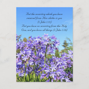 Bible passage, blue flowers & blue sky postcard