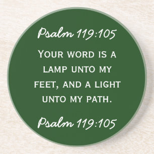 Bible passage Psalm 119:105 in white text. Coaster