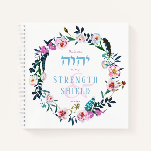 Bible Quote Blue Pastel Floral Wreath Named YHVH Notebook (Front)