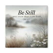 Bible quote magnet.  Tranquil winter lake scene.  