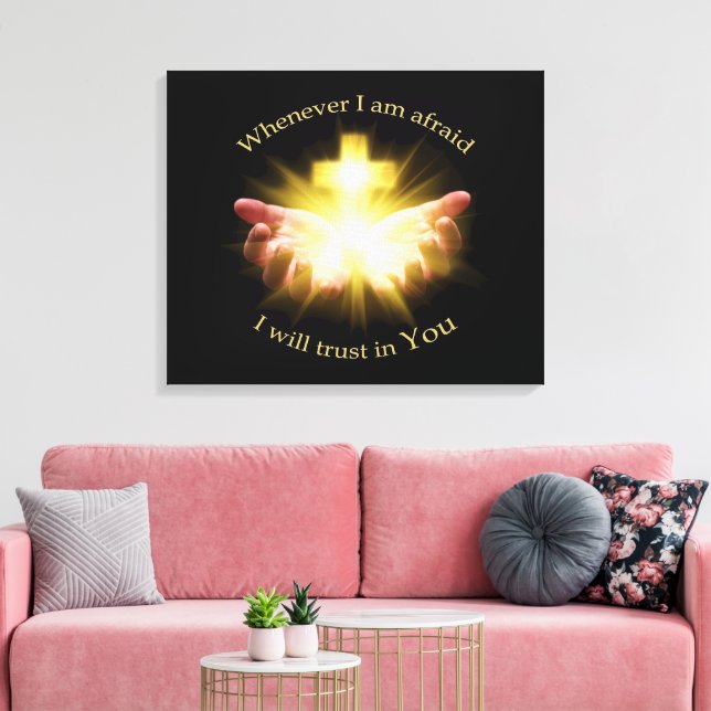 Bible quote with hands holding Cross Canvas Print (Insitu(LivingRoom))