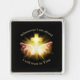 Bible quote with hands holding Cross Key Ring