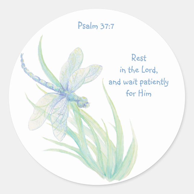 Bible Scripture Rest in the Lord Psalm Dragonfly Classic Round Sticker (Front)