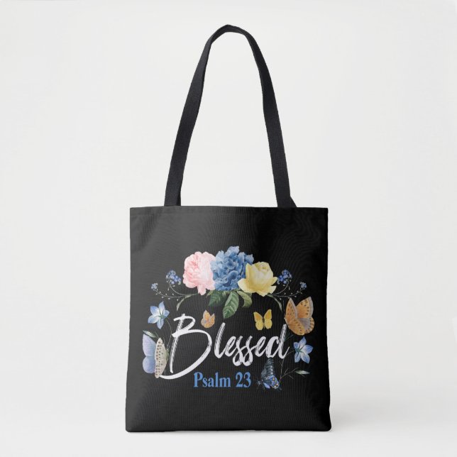 Bible Verse Blessed Psalm 23 Butterfly Rose Flower Tote Bag (Front)
