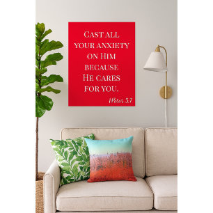 Bible Verse Cast Your Anxiety Red and White Poster