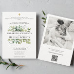 Bible Verse Catholic Wedding QR code Modern Invitation<br><div class="desc">This elegant Catholic wedding invitation features a beautiful greenery design with a cross, making it the perfect choice for a religious ceremony. The front of the invitation is accented by a meaningful Bible verse, adding a touch of spirituality to the special day. On the back, there's a stunning photo of...</div>