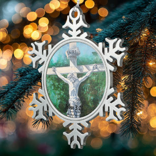 Bible Verse Crucifix Reason For Season Snowflake Pewter Christmas Ornament