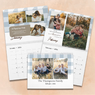 Bible Verse Dusty Blue Buffalo Plaid Family Photo Calendar