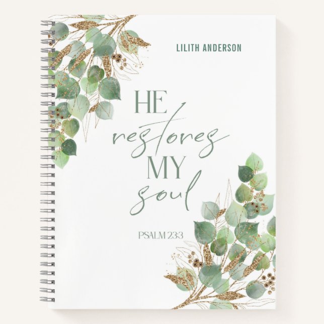 Bible Verse Green Gold Leaves Notebook (Front)