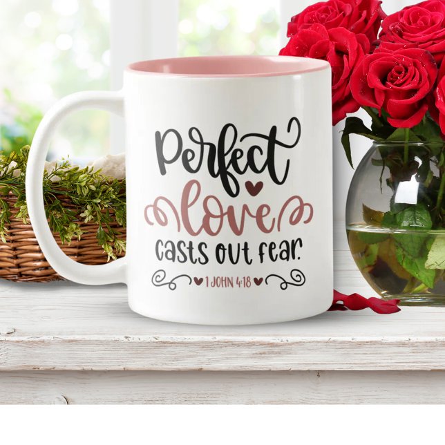 Bible Verse ✝️ Perfect Love Casts Out Fear Two-Tone Coffee Mug (Perfect Love | Casts Out Fear Bible Verse Gift Two-Tone Coffee Mug)