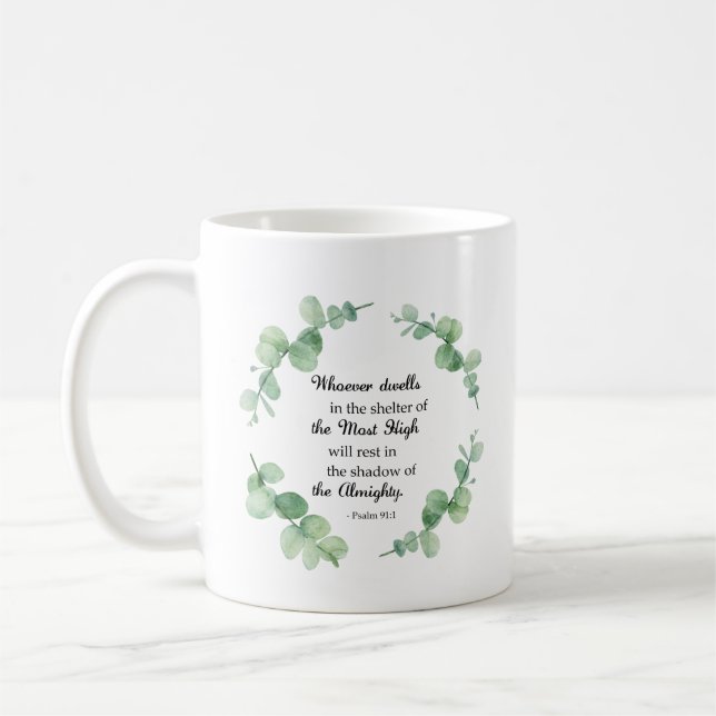 Bible Verse psalm 91 Eucalyptus Wreath Christian Coffee Mug (Left)