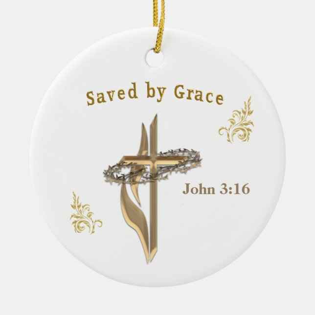 Bible Verse saved by Grace Ceramic Tree Decoration (Front)