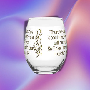 Bible Verse Simple Botanical Brown and White Stemless Wine Glass