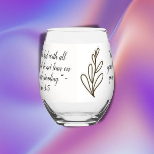 Bible Verse Simple Botanical Brown and White   Stemless Wine Glass
