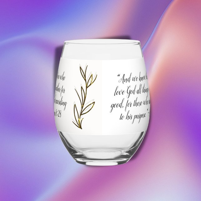 Bible Verse Simple Botanical Brown and White | Stemless Wine Glass (Creator Uploaded)