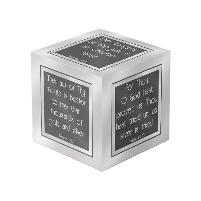Bible Verses on Silver Cube (Front Angled)