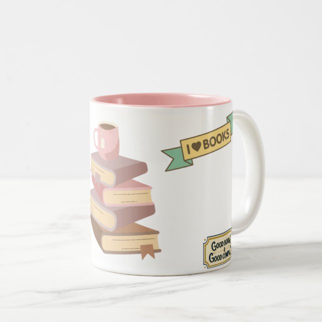 Bibliophile Coffee Mug with Stacked Book Graphic (Front Right)