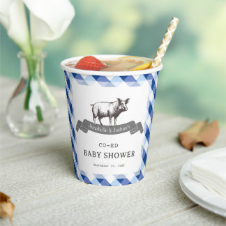 Bibs & Ribs BBQ Rustic Navy Gingham Baby Shower Paper Cups