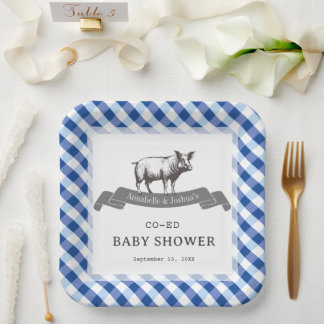 Bibs & Ribs BBQ Rustic Navy Gingham Baby Shower Paper Plate