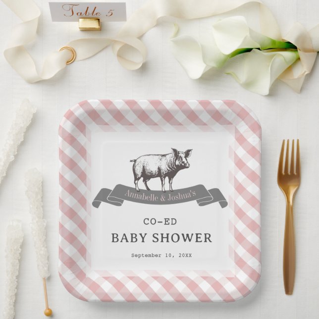 Bibs & Ribs BBQ Rustic Pink Gingham Baby Shower Paper Plate (Wedding)