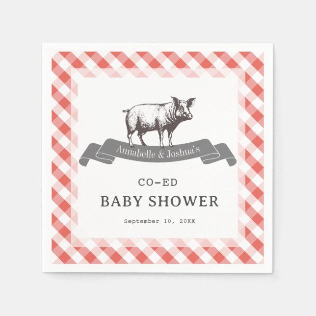 Bibs & Ribs BBQ Rustic Red Gingham Baby Shower Napkin (Front)