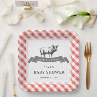Bibs & Ribs BBQ Rustic Red Gingham Baby Shower Paper Plate