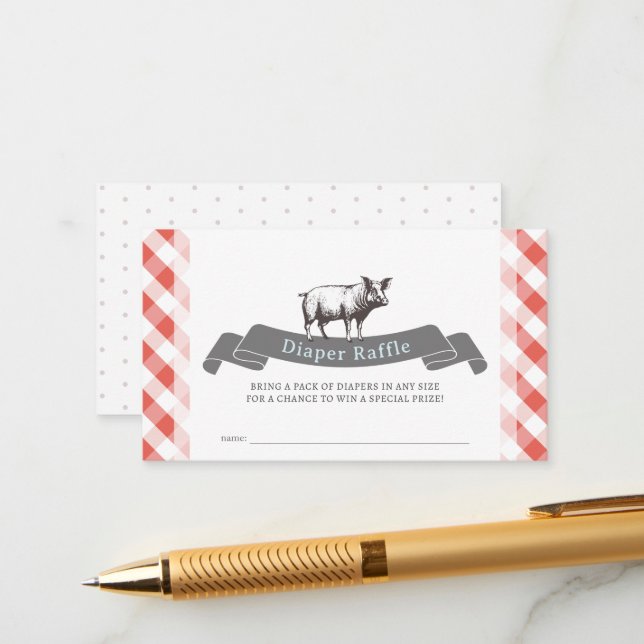 Bibs & Ribs Red Gingham Diaper Raffle Ticket Enclosure Card (Front/Back In Situ)