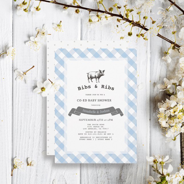 Bibs & Ribs Rustic Blue Gingham Co-Ed Baby Shower Invitation (Creator Uploaded)