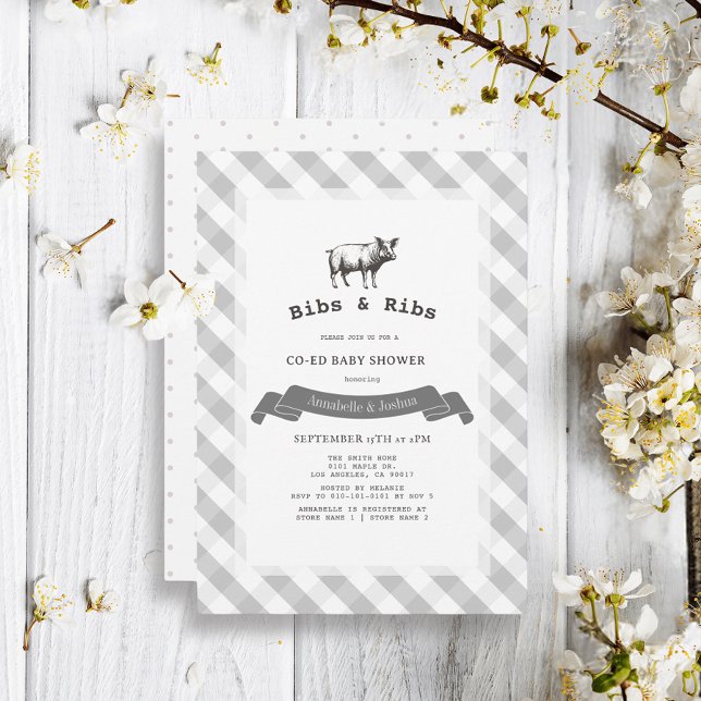 Bibs & Ribs Rustic Grey Gingham Co-Ed Baby Shower Invitation (Creator Uploaded)